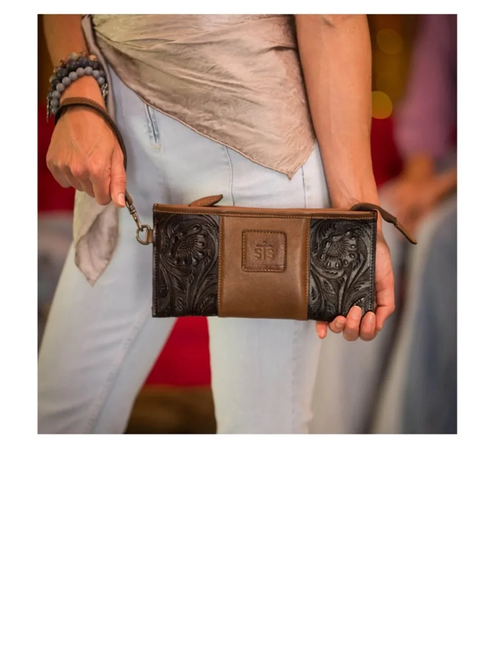 STS Ranchwear Brown and Black Tooled Leather Wristlet Clutch